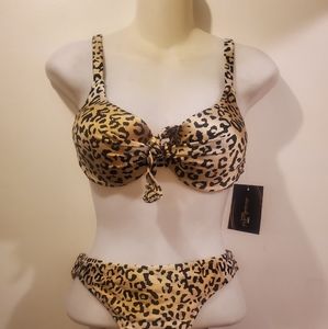 Beach Joy Tan and Black Animal Print 2-piece Bathing Suit Size Medium NWT